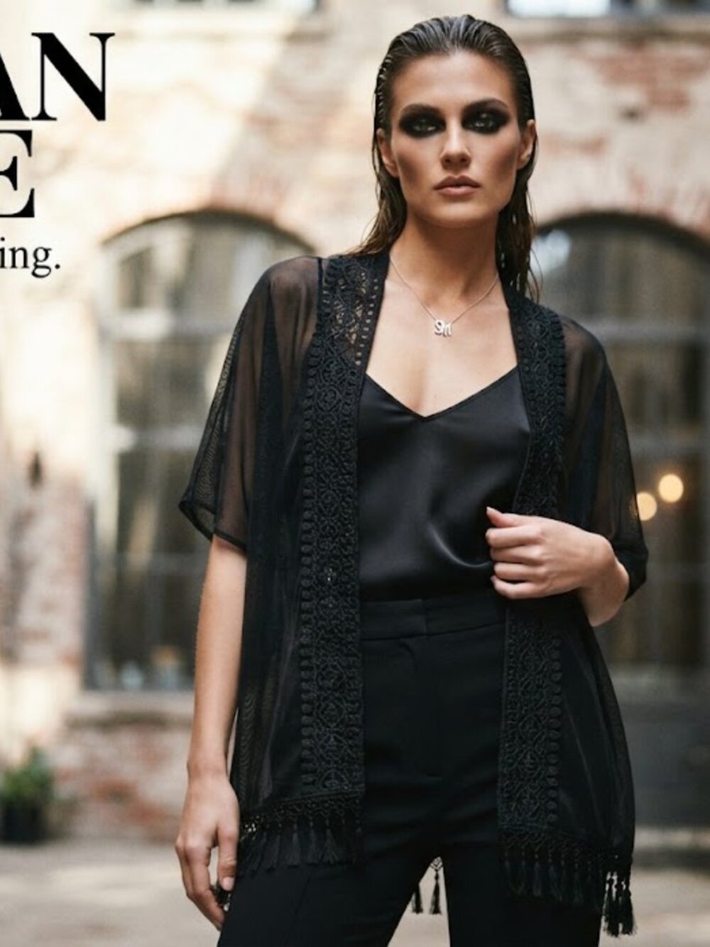 Steve Madden Black Sheer Lace Open Front Kimono Cover-Up OSFM